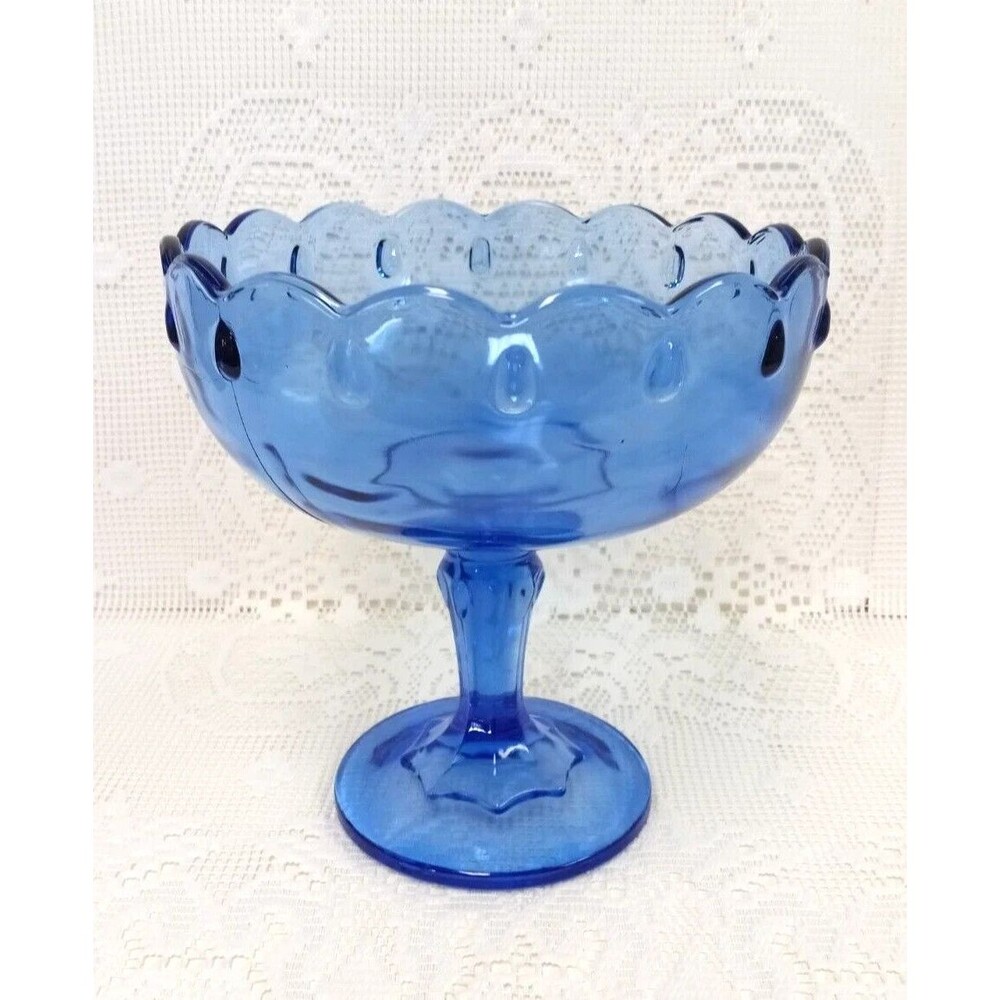 VTG Indiana Glass COBALT BLUE Teardrop COMPOTE Bowl STEMMED Footed PEDESTAL MCM